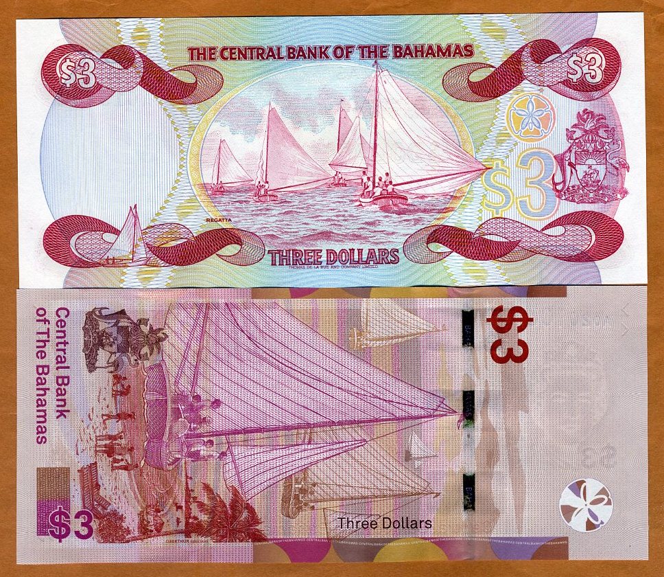 バハマス　1974年　3ドル　PMG UNC67 SET Bahamas, 2 x 3 dollars, 1974 - 2019, P-44-New, QEII, UNC