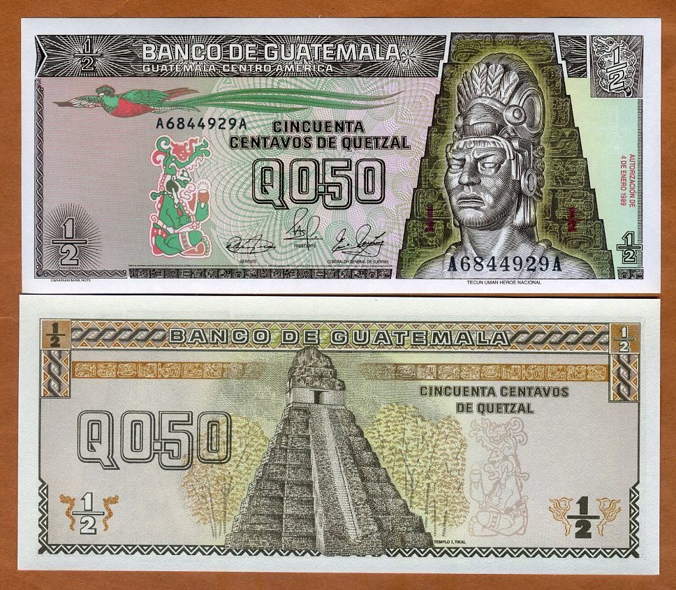 Guatemala, 1/2 Quetzal, 1989, P-72a, UNC Tecun Uman, Mayan Temple