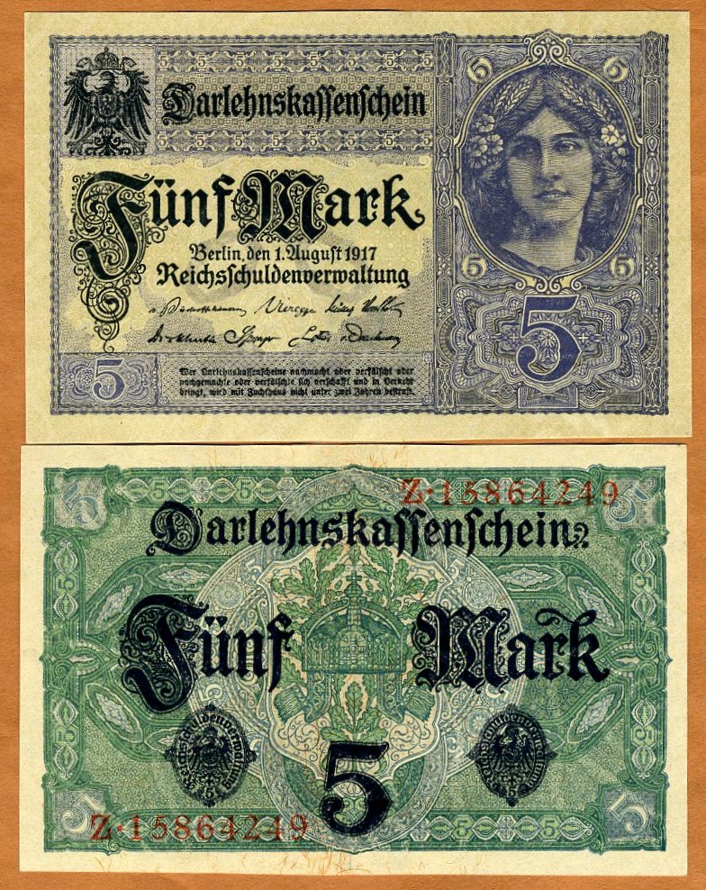 Germany 5 Mark 1917 XF P-56 With Completely Watermark