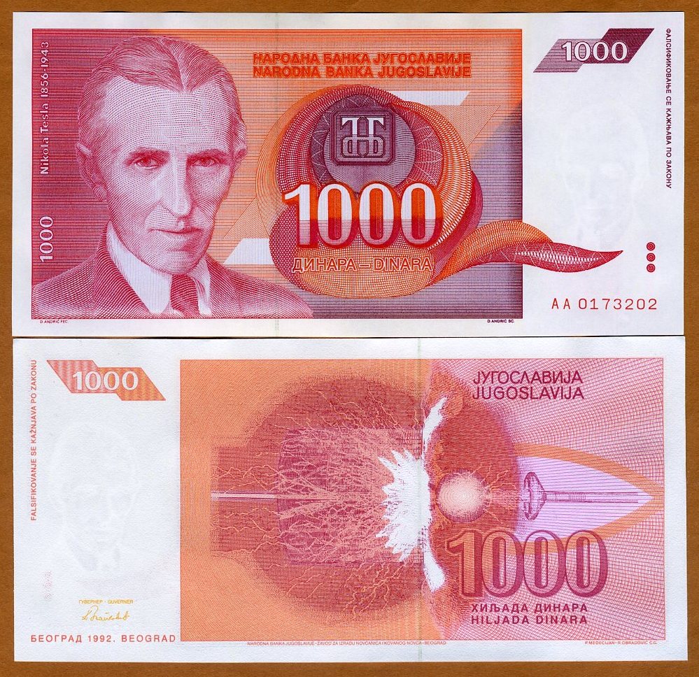 Nikola Tesla red banknote 1000 dinara UNC Yugoslavia 1992
