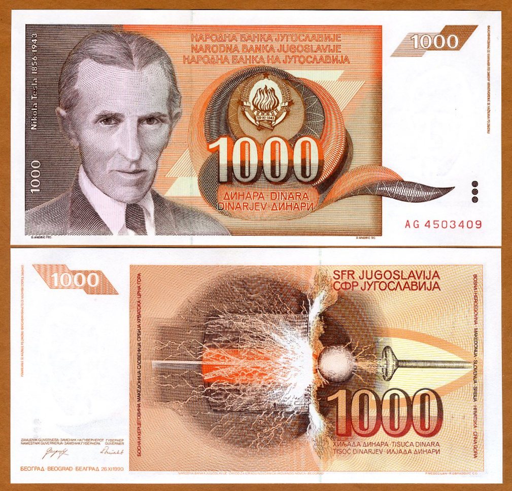 year 1990 1000 dinara UNC Nikola Tesla replacement Yugoslavia banknote