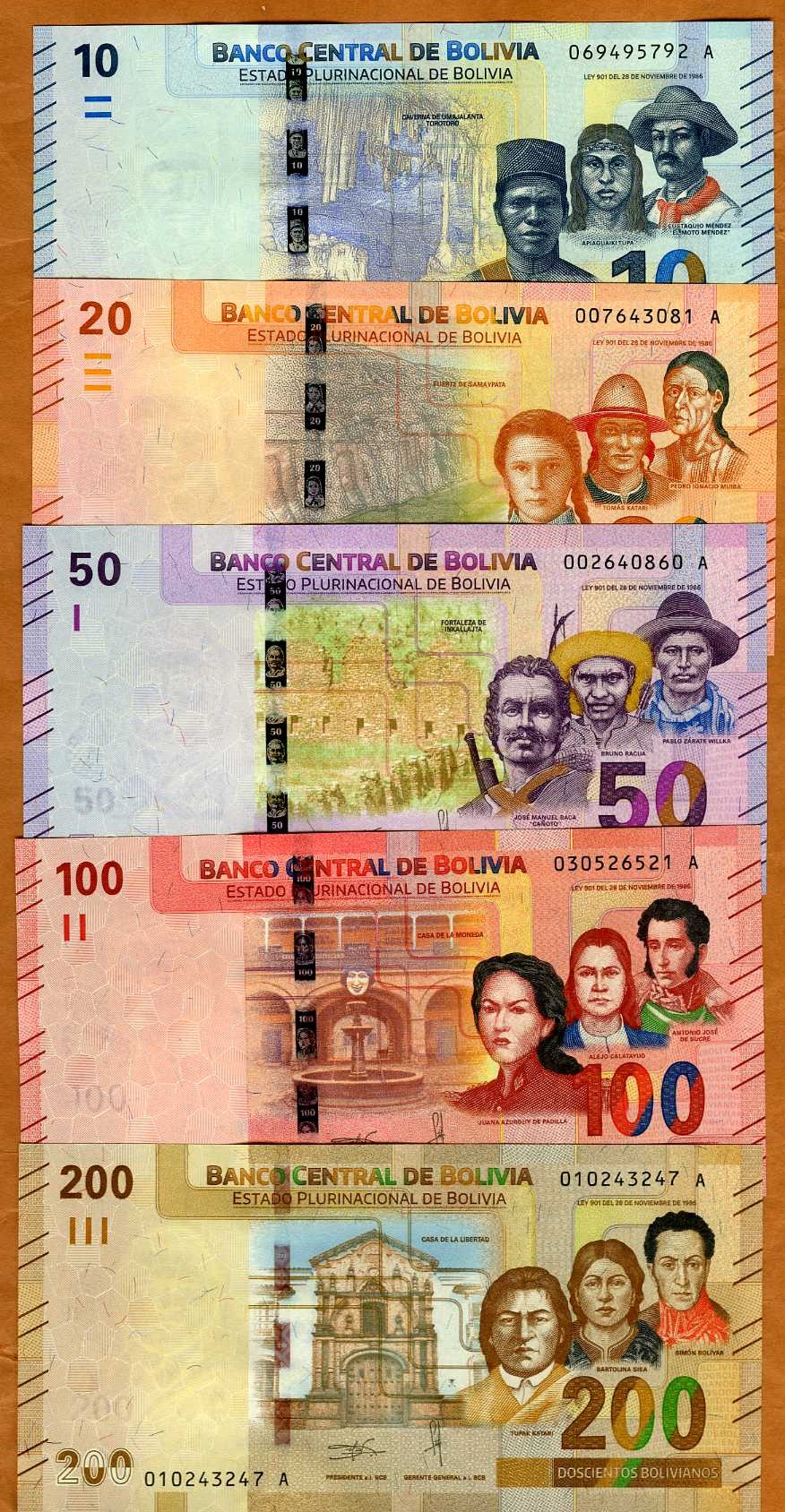 Complete SET Bolivia, 10;20;50;100;200 Bolivianos 2018  P-248-249-250-251-252 UNC