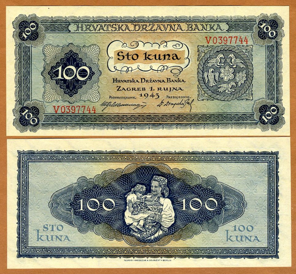 100 Kuna WWII P-2 Scarce in UNC Croatia 1941