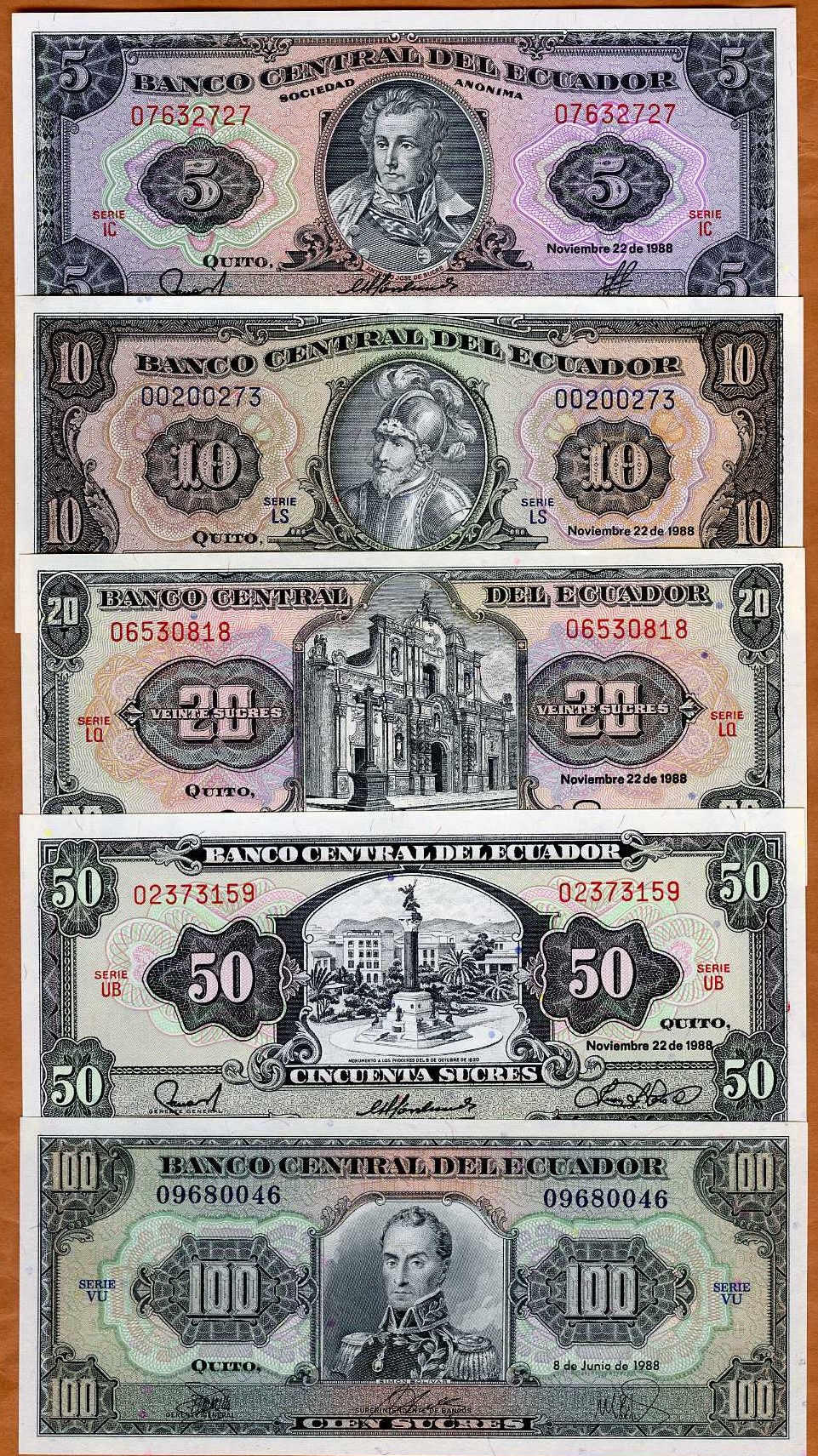 SET Ecuador, 5-10-20-50-100 Sucres, 1988, P-113d-121-121A