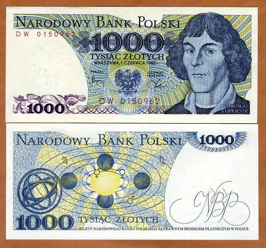 Solar System Uncirculated Banknote Poland P-146c 1000 Zlotych 1982 Kopernicus