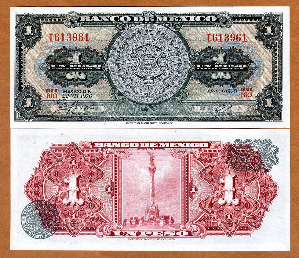 1970 Mexico Banknote 1 Peso UNC CRISP Paper Money Aztec Calendar Independence