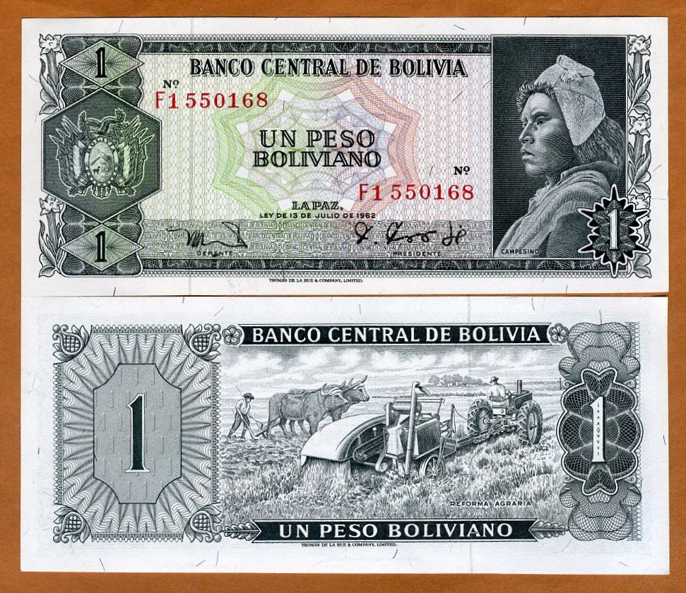 P-158 Bolivia 1 Peso Boliviano L XF /> Primitive Combine Harvester 1962