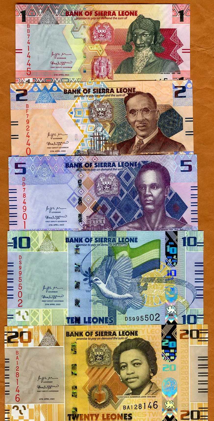 SET Sierra Leone, 1; 2;5;10;20 Leones, 2022, P-New, UNC revalued 