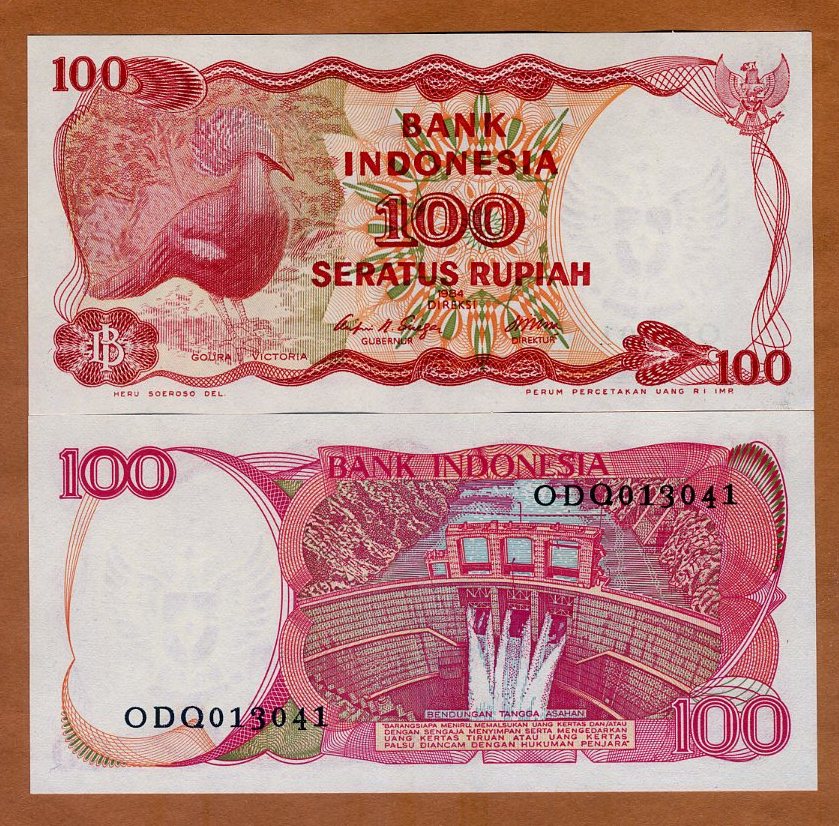 P - 122 ~ UNC from 1984; Crowned Pigeon; Dam INDONESIA 100 Rupiah