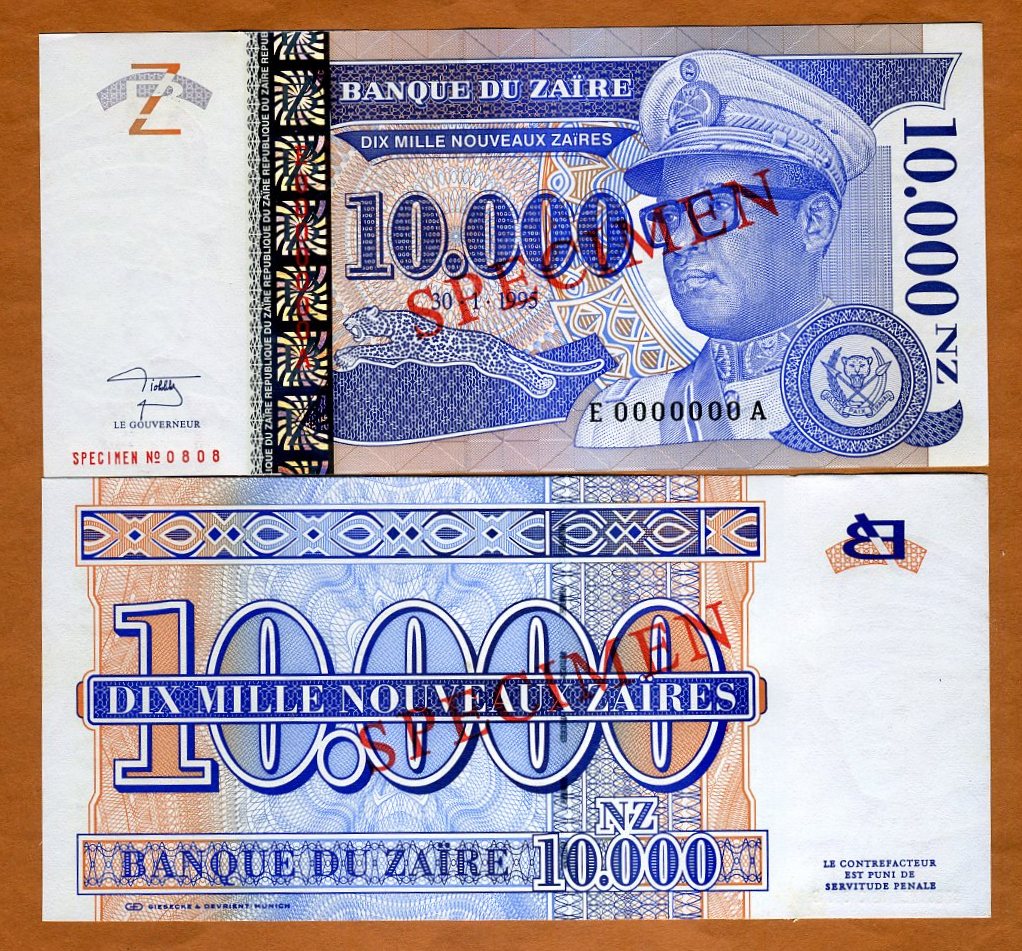 10000 P-70s UNC SPECIMEN 70 Zaire 10,000 NZ 1995