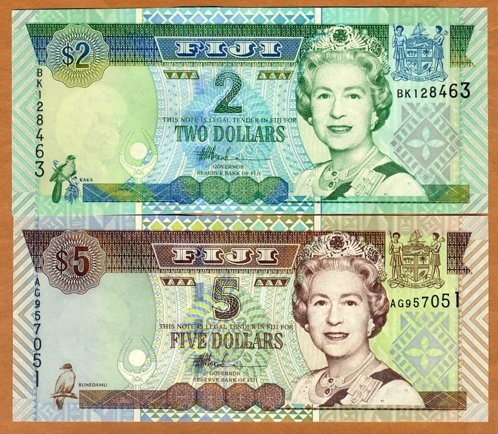 UNC P-104 ND Fiji 2 Dollars 2002 Lot 5 PCS