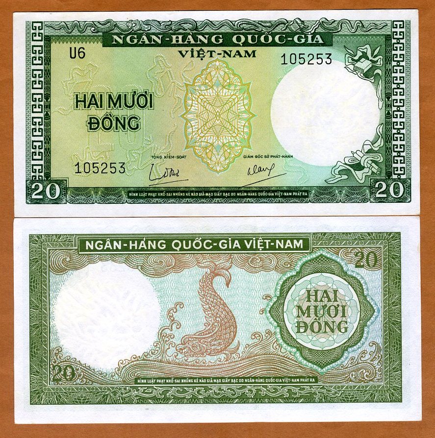 SOUTH VIETNAM 20 DONG ND 1964 P 16 UNC W //YELLOW FOXING