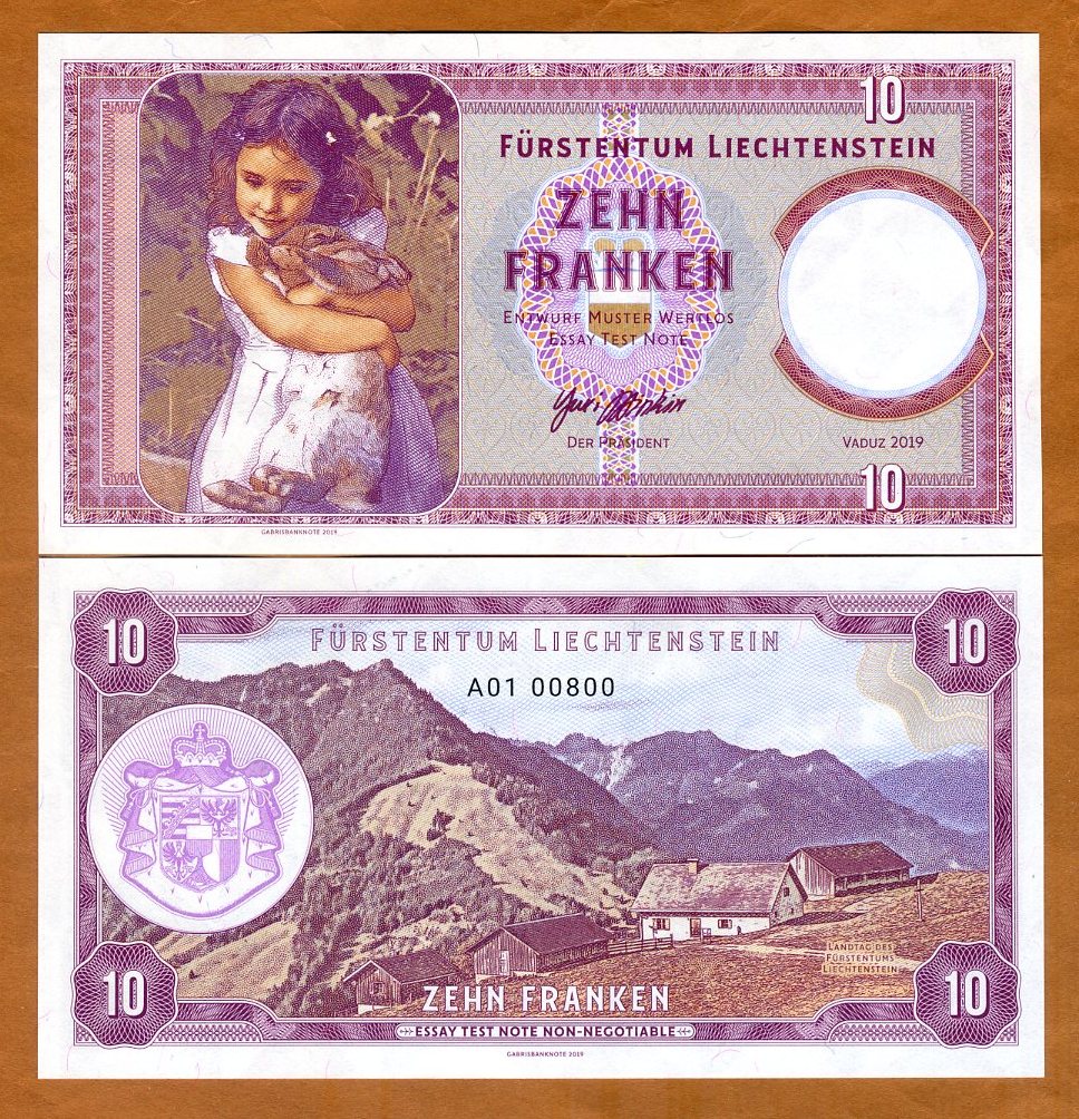 Schiller シラー Flumpet フランペット Liechtenstein, 10 Francs, 2019, Private issue, Specimen Girl