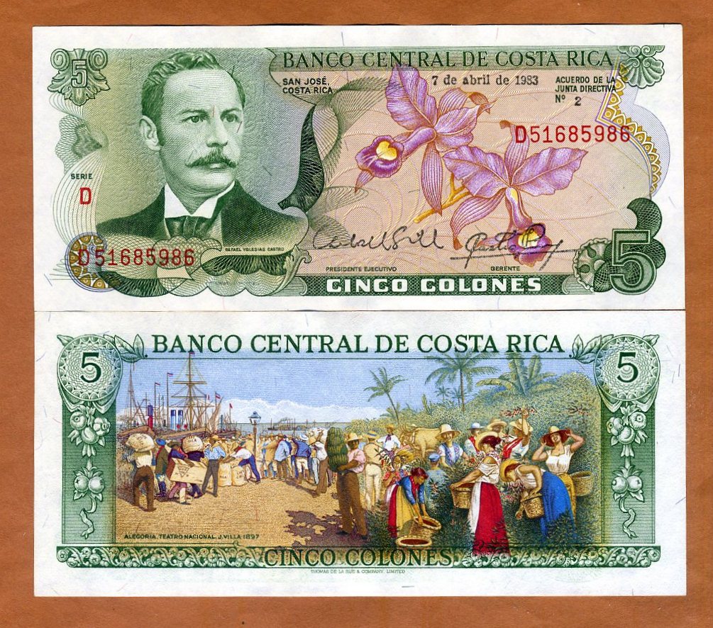 1983 5 Colones Costa Rica Pick-Nr: 236d bankfrisch Banknoten f/ür Sammler I
