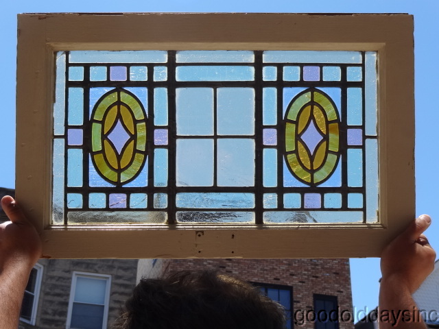 Antique Transom Window with Pastel Stained Glass 26" x 16" - Glass Only is 22" x 12"
