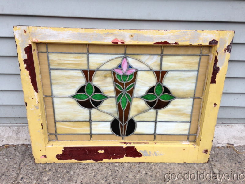 1 of 2 Antique Chicago Bungalow Stained Glass Window 28" x 21"