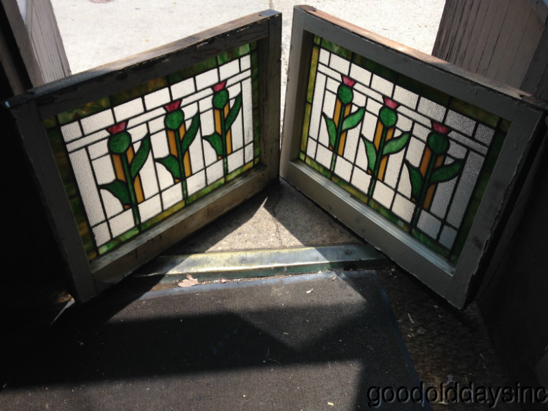 Pair of 1920s Chicago Bungalow Stained Leaded Glass Windows