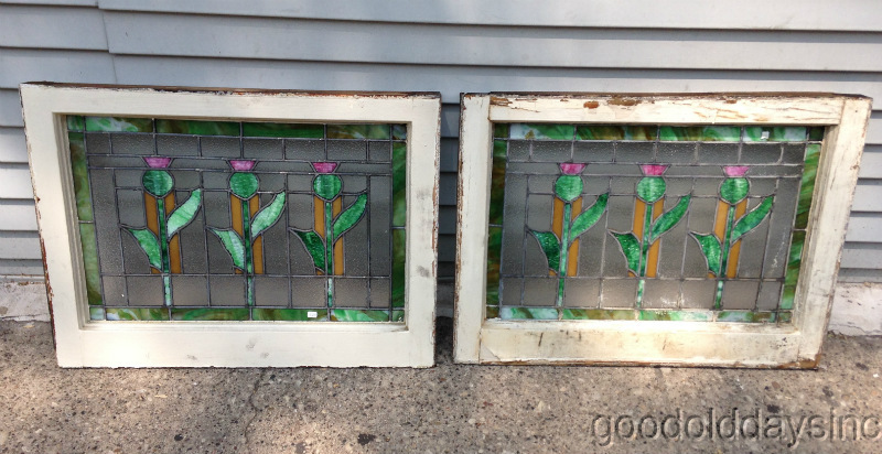 Pair of 1920s Chicago Bungalow Stained Leaded Glass Windows