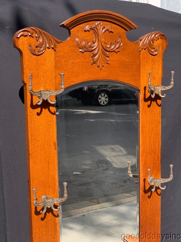 Antique Oak Hall Tree w/ Large Beveled Mirror & Storage Bench Umbrella