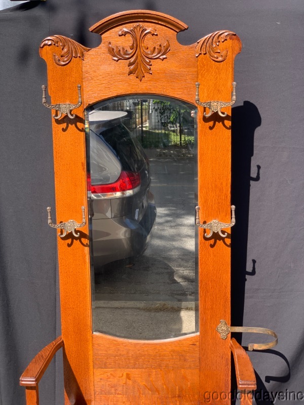 Antique Oak Hall Tree w/ Large Beveled Mirror & Storage Bench Umbrella
