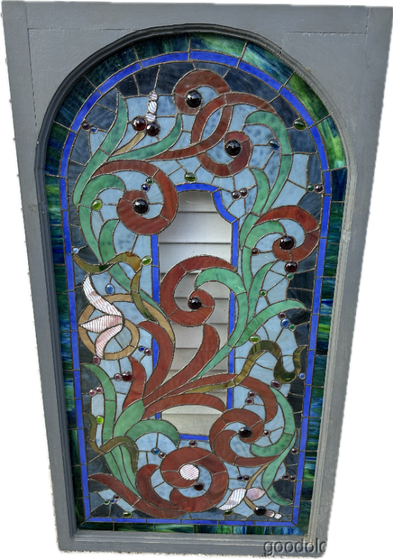 Beautiful Arched Top Stained Glass Window w/ Jewels 50