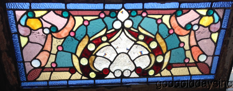 1890s Beveled, Jeweled & Stained Glass Transom Window 34" x 16"