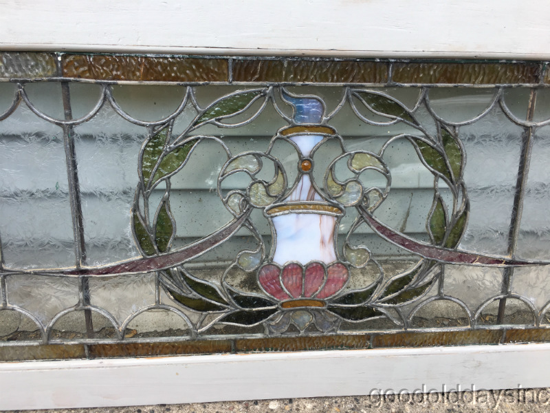 Beautiful Antique Stained Leaded Glass Transom Window 60" by 17" Circa