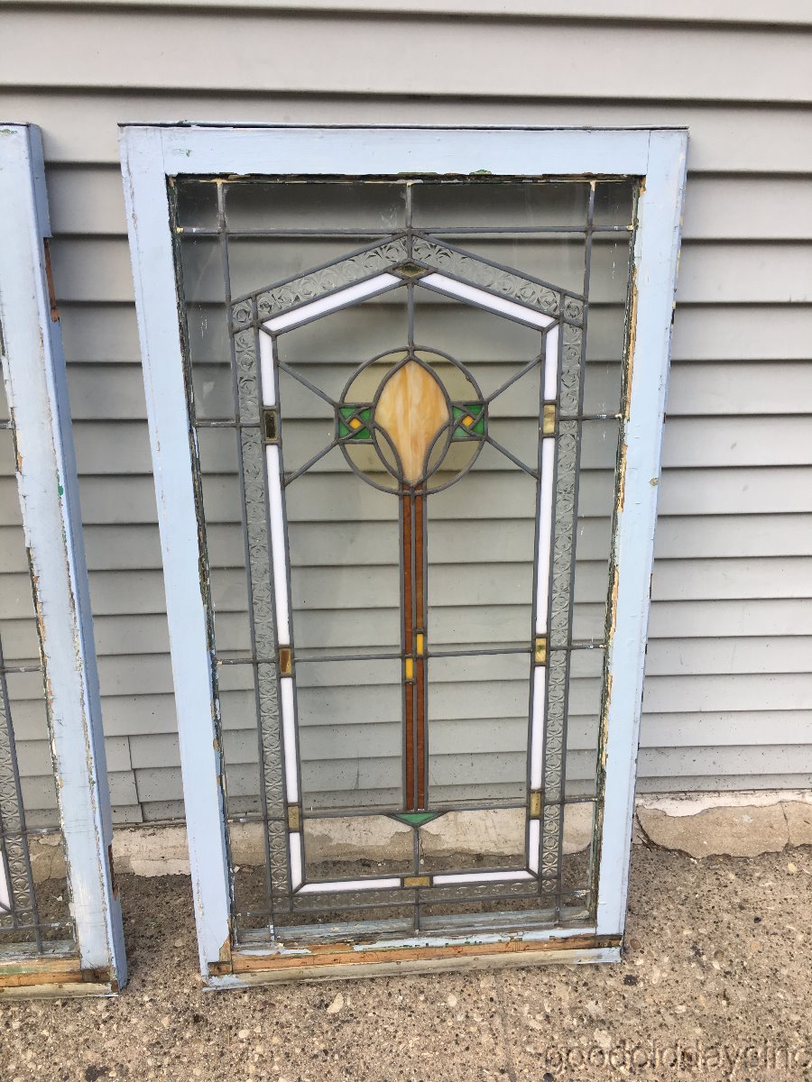 Pair Of 1920s Chicago Bungalow Style Stained Leaded Glass Windows 