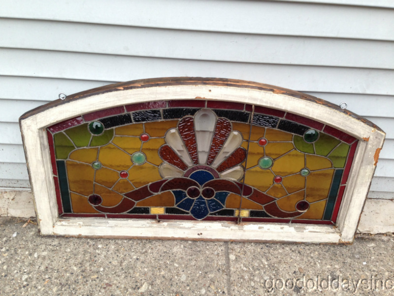 Victorian 1890s Chicago Stained Leaded Glass Arched Transom Window w Bevels & Jewels 37 3/4 x 19 3/4"