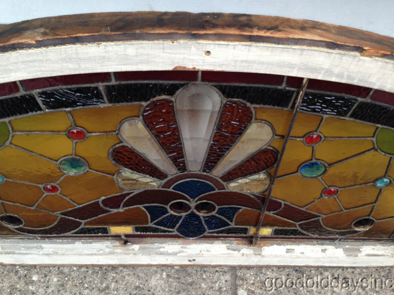 Victorian 1890s Chicago Stained Leaded Glass Arched Transom Window w Bevels & Jewels 37 3/4 x 19 3/4"