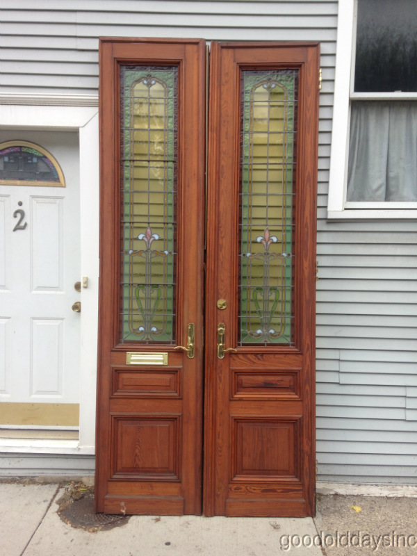 9 foot tall Victorian Style Stained Glass Leaded and Wooden Doors
