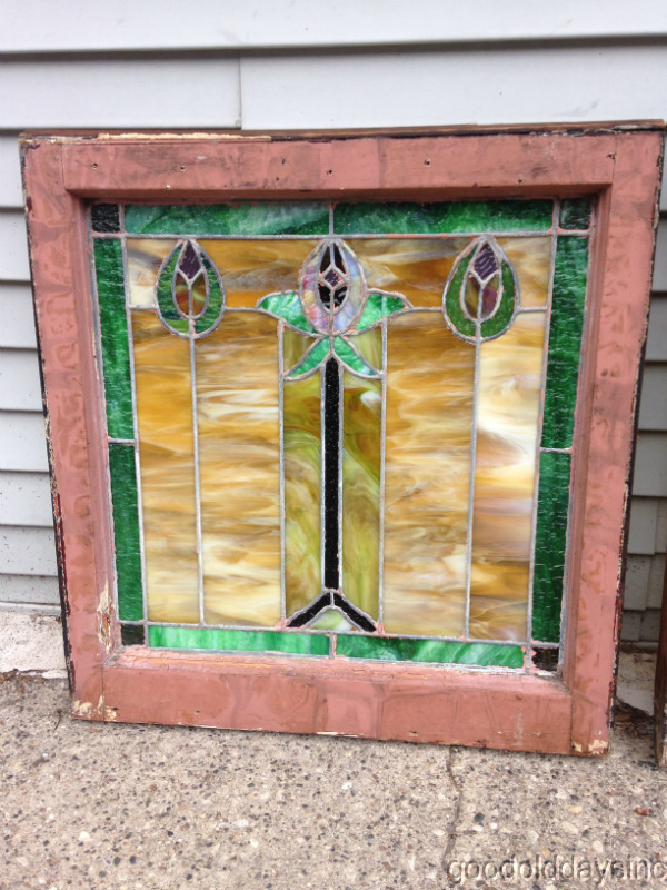 Pair of Antique Chicago Stain Stained Leaded Glass Windows 24