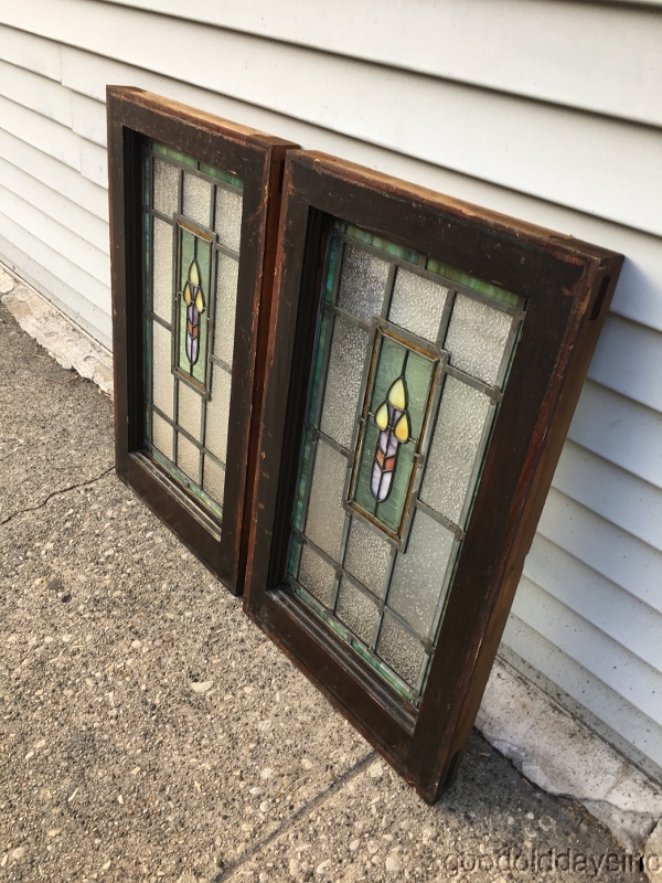 Great Antique Small Stained Leaded Glass windows with crackle glass ...