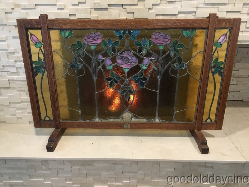 Arts Crafts Tobey Furniture Co Chicago Stained Leaded Glass Fireplace Screen Ebay