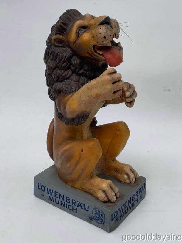 Vintage Antique Lowenbrau Munich Mascot Lion Statue Holds A Bottle of