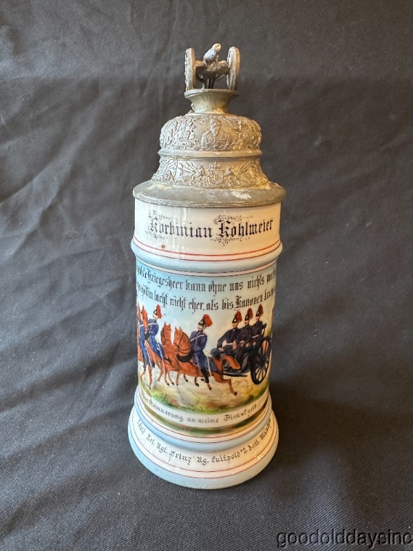 Antique Regimental German Lithophane Lidded Beer Stein Brunner