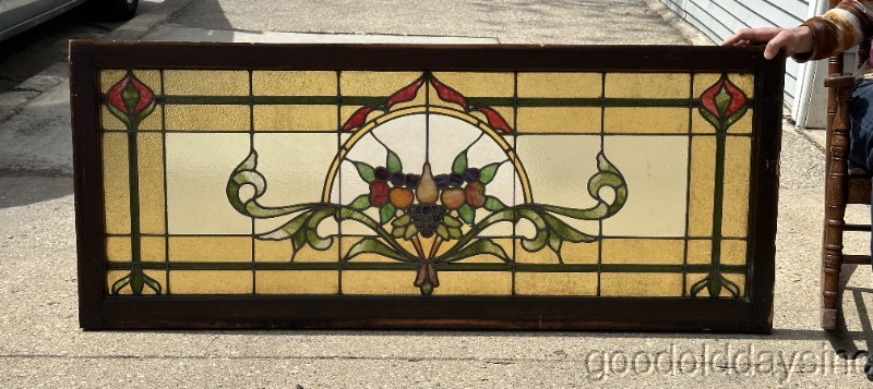 Antique Stained Glass Transom Window Circa 1910 w/ Fruit Oak Frame