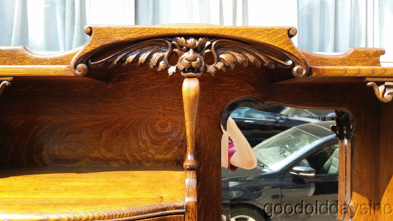 Solid Oak Secretary Desk w Carved Griffin Head Side By Side Bookcase