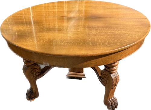 Carved Antique 60" Round Oak Table with 2 leaves