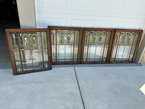 4 Antique Arts & Crafts Stained Leaded Glass Windows Circa 1910 33" x 28"