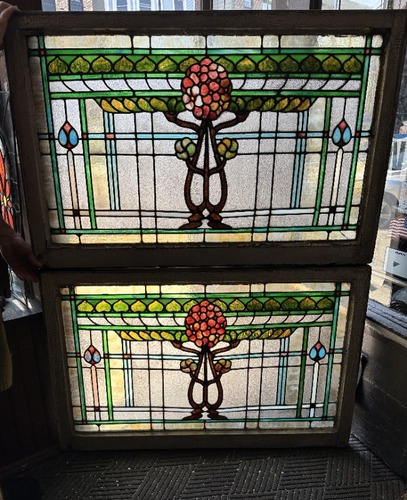 Beautiful Pair of Antique Stained Leaded Glass Transom Windows 44" x 29"