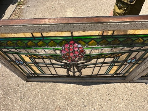 Beautiful Pair of Antique Stained Leaded Glass Transom Windows 44" x 29"