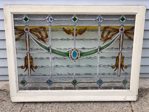 Antique Pair of Stained & Painted Leaded Glass Transom Windows Circa. 1910