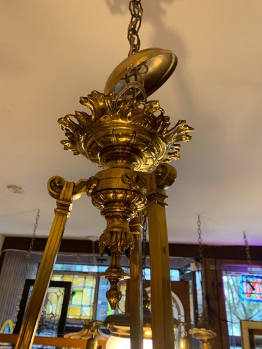 Antique Gold Plated Brass Cherub Chandelier - Ornate Four Socket Light Fixture 
