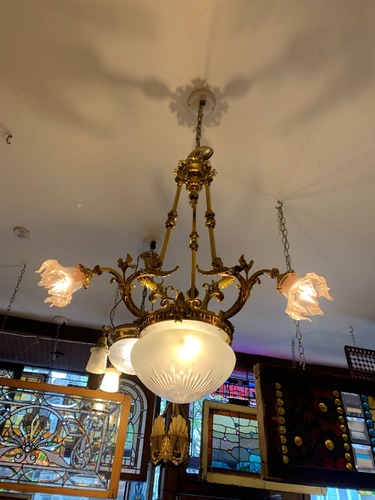 Antique Gold Plated Brass Cherub Chandelier - Ornate Four Socket Light Fixture 