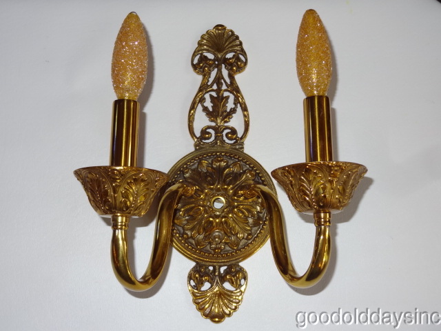 Beautiful Pair of Brass Wall Sconces Antique Gold Plated