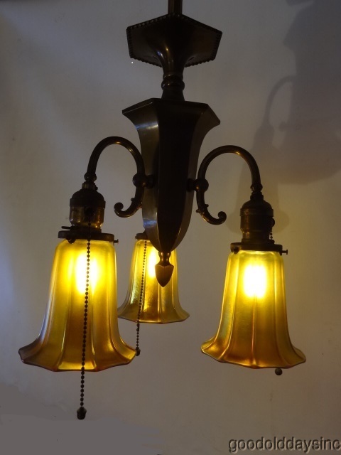 Antique Brass 3 Light Chandelier with Signed Steuben Glass Shades Lighting