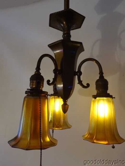 Antique Brass 3 Light Chandelier with Signed Steuben Glass Shades Lighting