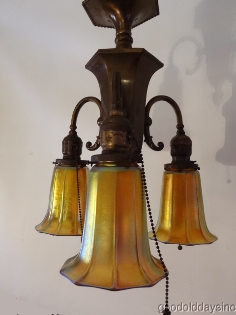 Antique Brass 3 Light Chandelier with Signed Steuben Glass Shades Lighting