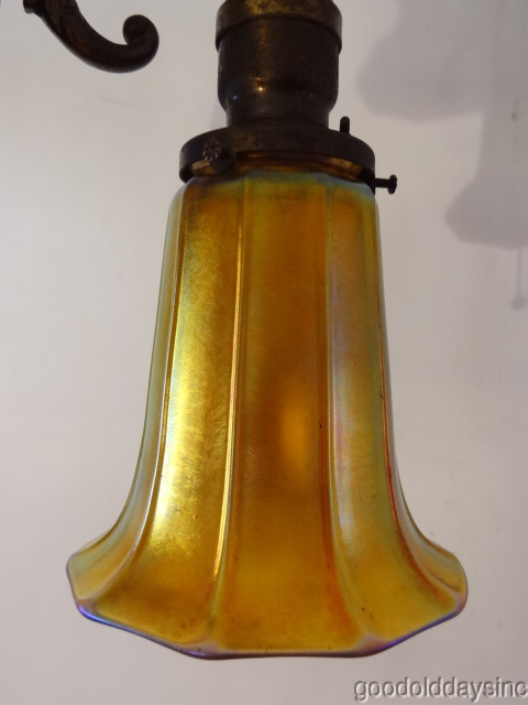 Antique Brass 3 Light Chandelier with Signed Steuben Glass Shades Lighting